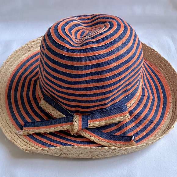 SUN N’ SAND  Striped Straw Sun Hat - Orange and Blue - Picture 1 of 9